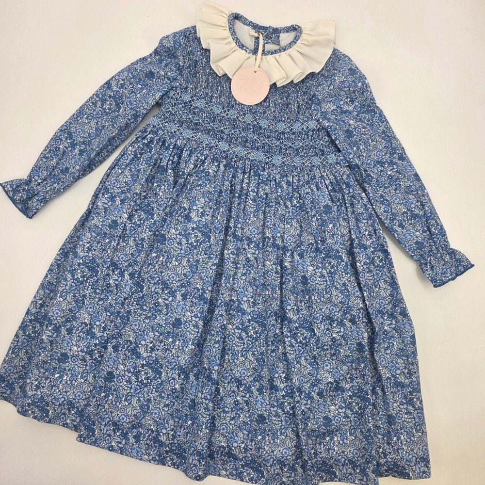 NEW PEPA LONDON DAPHNE FLORAL SMOCKED DRESS GIRLS 6Y BLUE FRILL LONG SLEEVE $410